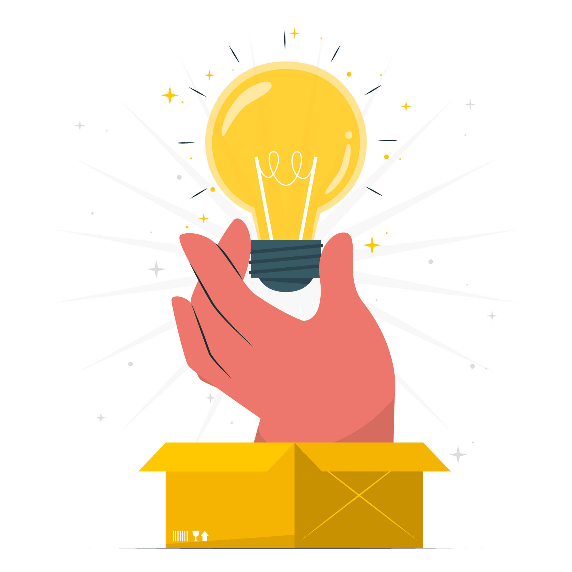 Hand coming out a box holding a light bulb