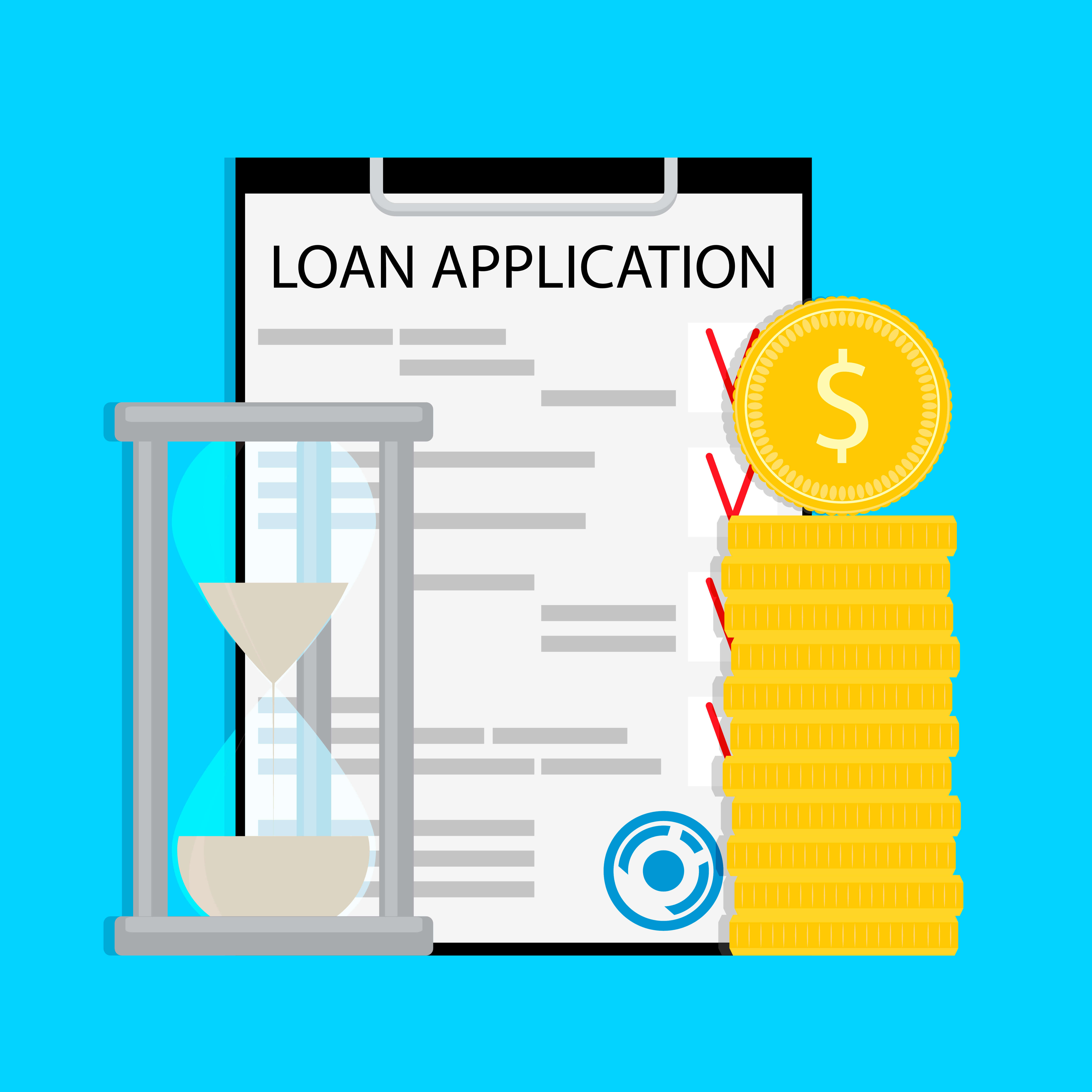 Loan application clipboard next to money and sand clock 