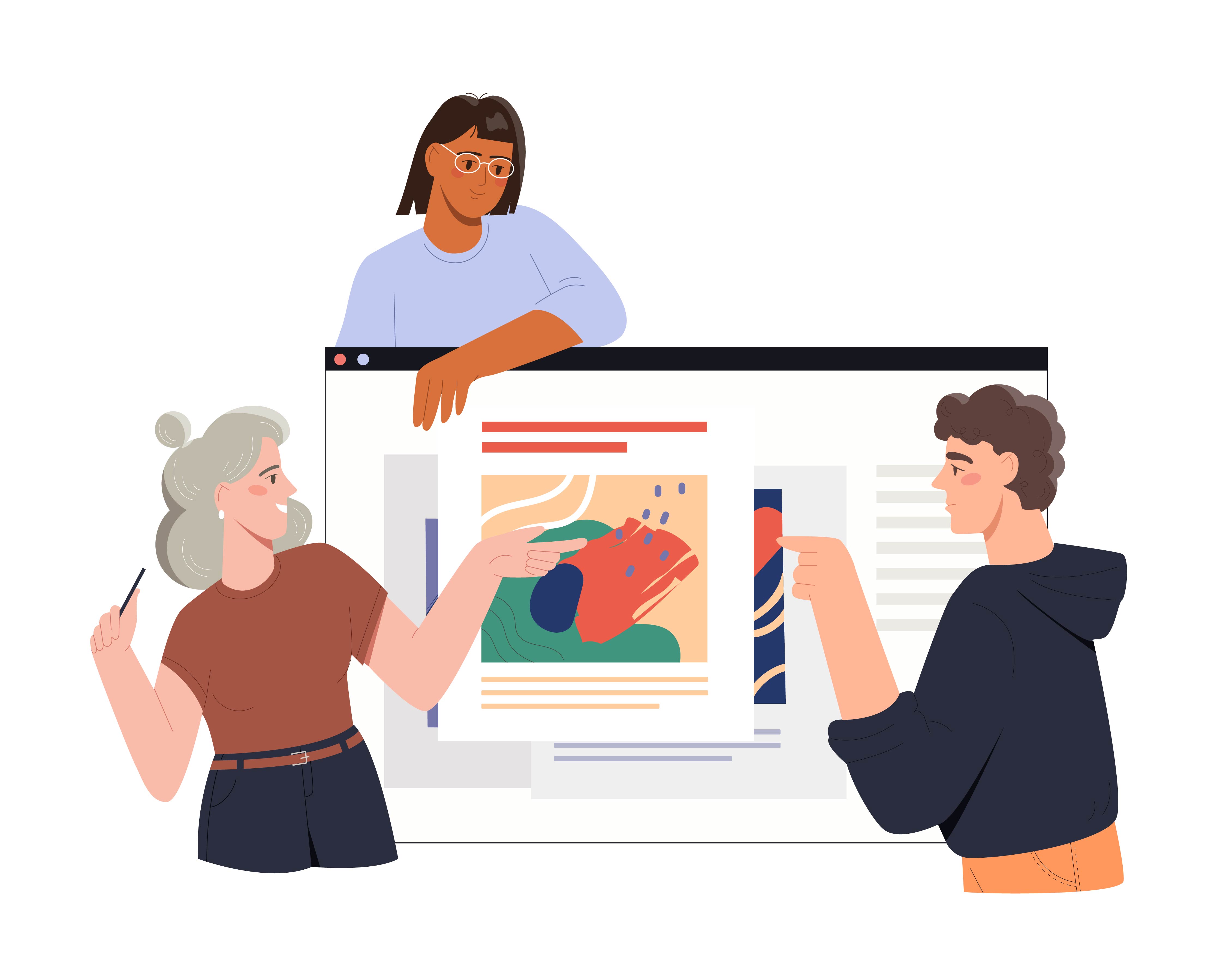 three people viewing a digital art on screen