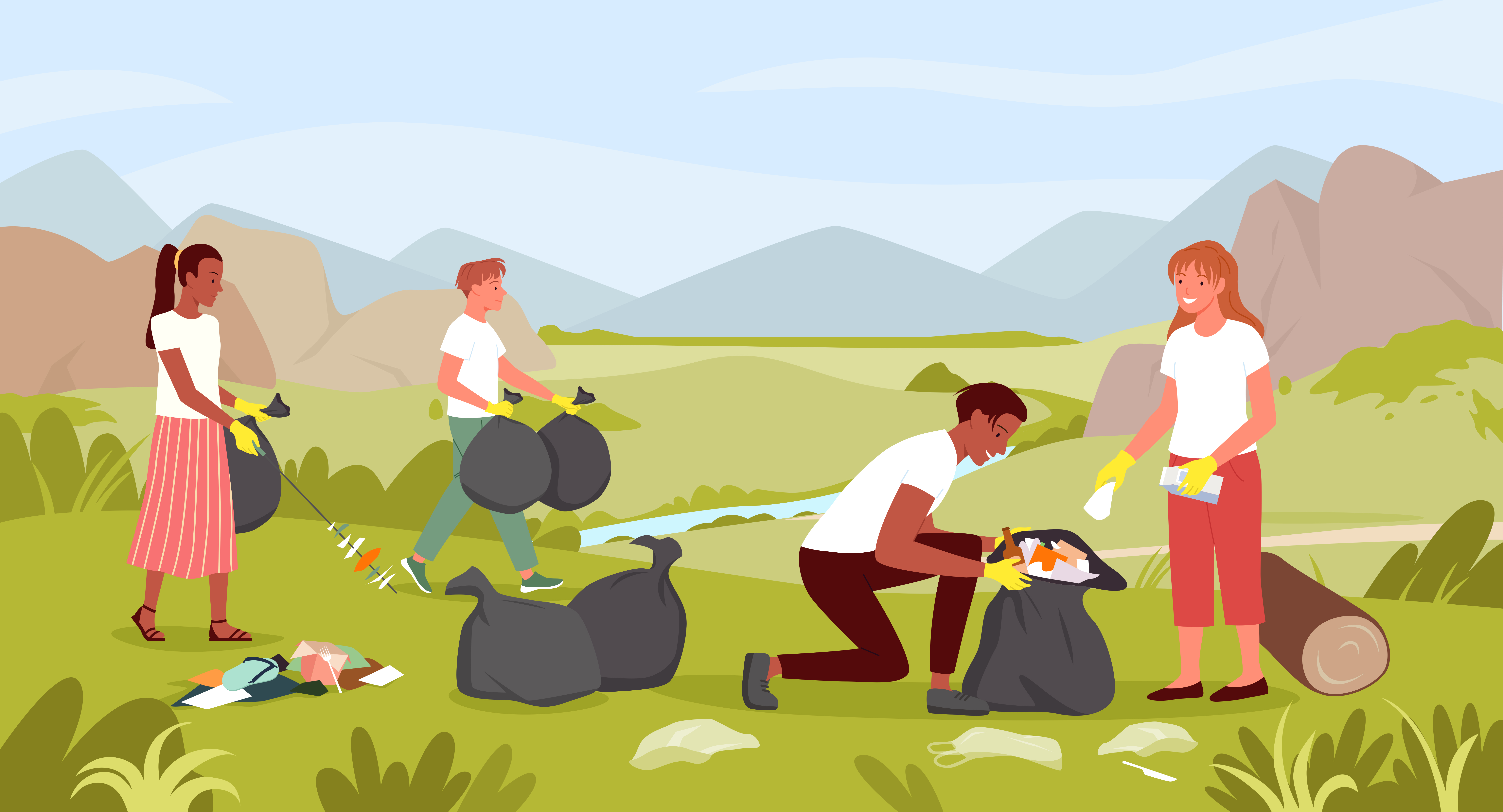 people cleaning up near the river