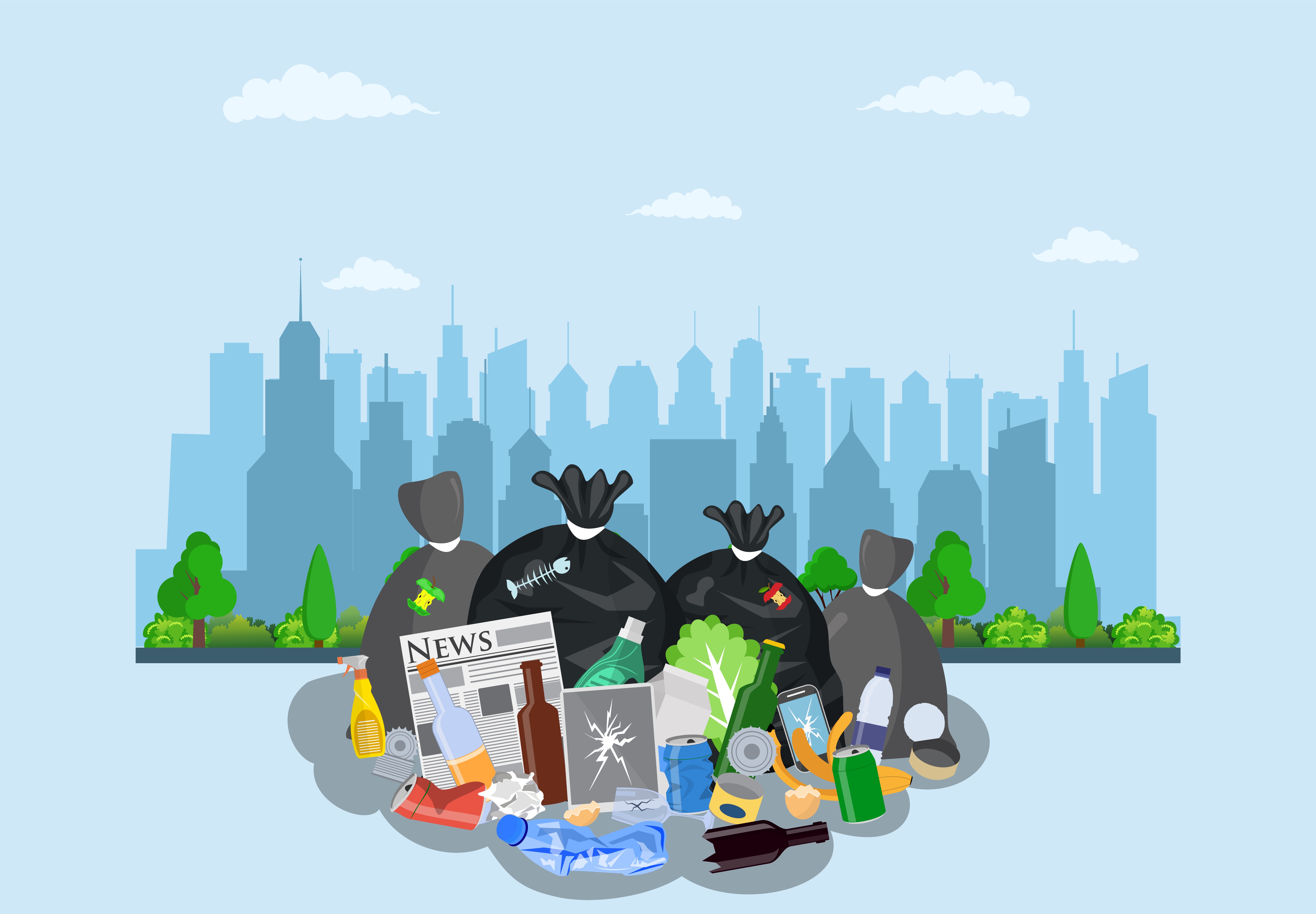 trash piled up in one area infront of the buildings